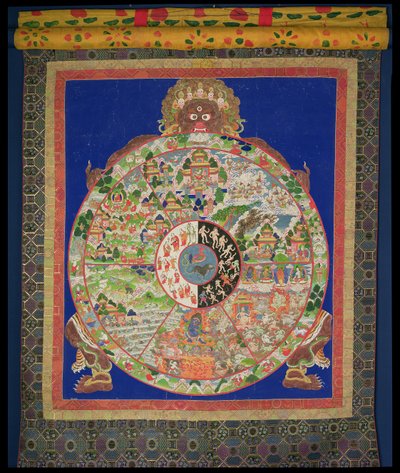 Ruota della Vita Dharmachakra girata da Yama il Signore della Morte, con scene che simboleggiano i dodici legami che causano la rinascita incontrollata intorno al bordo, tibetano, 1780-1850 da Tibetan School